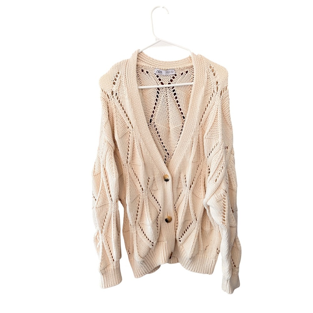 Zara Diamond Knit Cardigan Chunky Slouchy Oversized Neutral Cream Sweater S - Picture 2 of 12